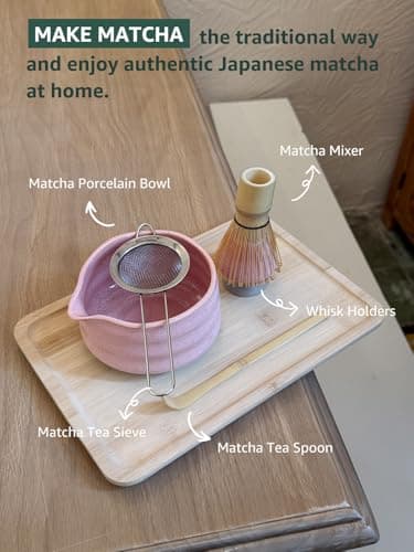 Sisher Matcha Set,Matcha Bowl with Spout,Cute Matcha Set(5pcs) Matcha Bowl,Bamboo Whisk, Matcha Scoop, Matcha Whisk Holder (Chasen Holder), Stainless Steel Sifter, Macha Kit - Thumbnail 2