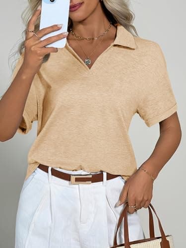Imily Bela Womens Short Sleeve Polo T Shirts Summer Business Dressy Casual Tops Work Collared V Neck Basic Tees Khaki - Thumbnail 5