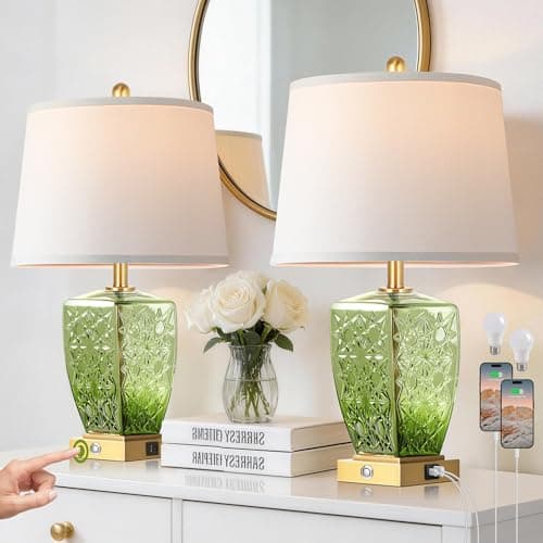 QiMH Glass Table Lamps for Living Room, Modern Bedside Lamps for Night Stands with USB A+C Ports, 3-Way Dimmable Touch Lamp for Bedroom Set of 2 with White Linen Shade Home Decor, Green - Image 1