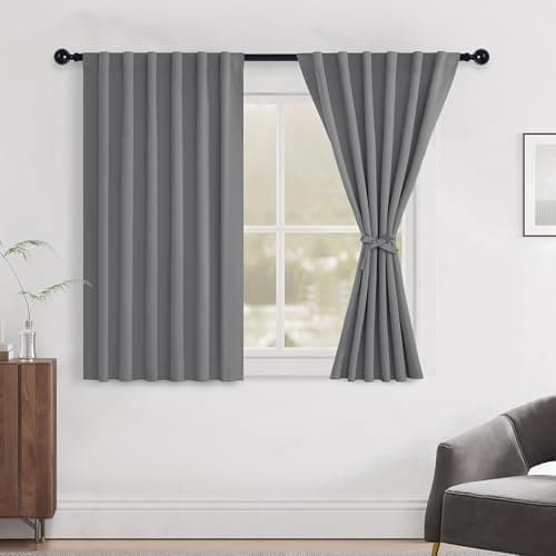 Hiasan Blackout Curtains 45 inches Long Cold Weather Thermal Rod Pocket Blackout Curtains for Bedroom Noise Cancelling Back Tab Window Treatment with Tiebacks,52" Wide,Grey,2 Panels - Image 1