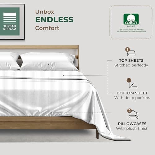THREAD SPREAD 100% Organic Cotton Sheets California King Size - Organic Cotton Cal King Size Percale Sheet Set (4 PC, Light Grey Pinstripe), Soft, Cooling & Crisp, 16" Deep Pocket Hotel Bedding Set - Thumbnail 2