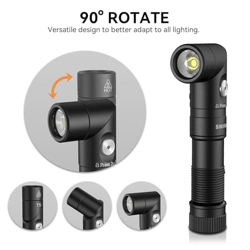 SMINGXI T5 1400 Lumens Rechargeable LED Flashlight, 90 Degree Adjustable Head, EDC Tactical Flashlight,Magnetic AA Pocket Work Light with Red Diffuser & Clip for Camping, Hiking, Emergency - Thumbnail 5