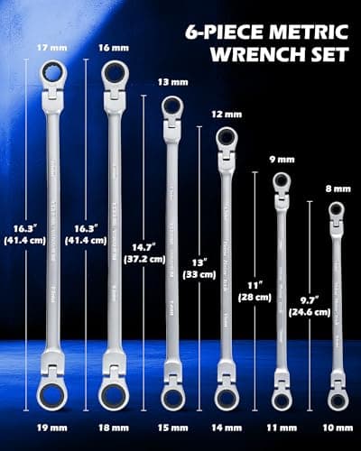 Orion Motor Tech 6-Piece Ratcheting Wrench Set, Metric 8-19 mm Flex Head Ratcheting Wrench Set, Extra Long Ratchet Wrench Set with 72 Tooth Gear & Double Box End - Thumbnail 3