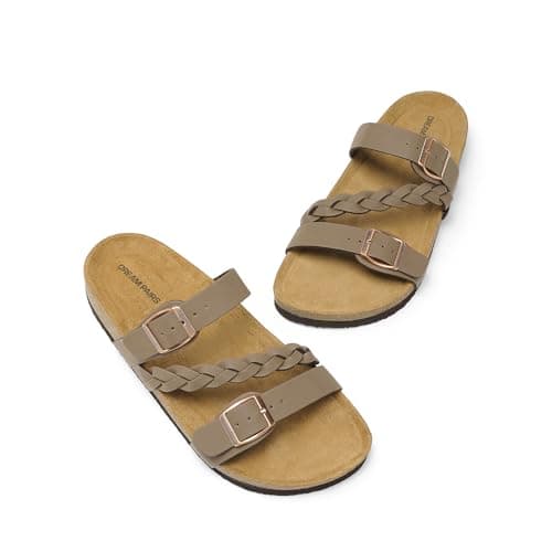 DREAM PAIRS Women's Slides Soft Cork Footbed Sandals Comfortable Walking Slip-on Flat Sandals Arch Support Adjustable Buckle Braided Straps Slippers,Size 9.5,Brown,DWUMSS2547 - Thumbnail 5