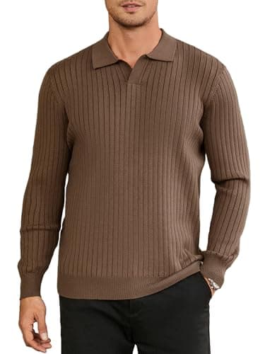 Hardaddy Men's Ribbed Knit Sweater Casual Long Sleeve Polo Sweater Collared V Neck Polo Shirts Solid Pullover Tops Coffee L - Image 1