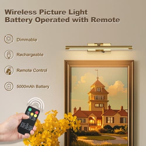 JOOSENLUX Battery Operated Picture Lights Wireless Wall Light Rechargeable Art Gallery Light for Paintings Dimmable and Timed Off Display Lights 15.75" Brass - Thumbnail 5
