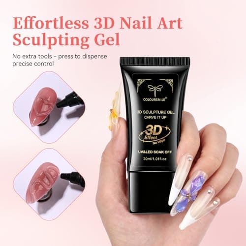 COLOURSMILE 4 in 1 No Wipe 3D Nail Sculpting Gel 30ml - Clear Gel Glue for Nail Tips, Chrome Powder, Charms Gems, Drawing & DIY Christmas Nail Art Lamp Curing Needed - Thumbnail 4