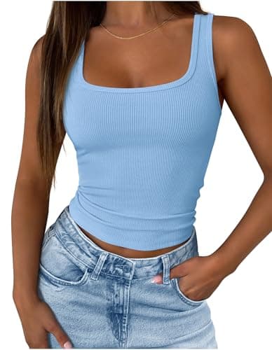 KIRUNDO Summer Tank Tops for Women Square Neck Going Out Top,Light Blue,XL - Image 1