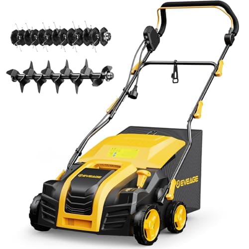 EVEAGE 16 Inch 2-in-1 Electric Dethatcher and Scarifier 5-Position Depth Adjustment,Lawn Dethatcher with 15 Amp Copper Motor, Removeable 14.5-Gal Collection Large Capacity Bag,Quick-Fold,Yellow - Image 1