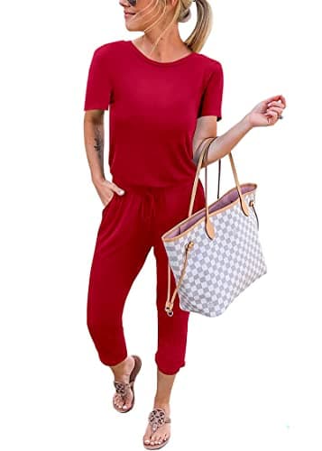 KIRUNDO Jumpsuits for Women Summer 2026 Casual Short Sleeve One Piece Outfits Drawstring Waist Long Pants Romper Jumpers(Red, XX-Large) - Image 1