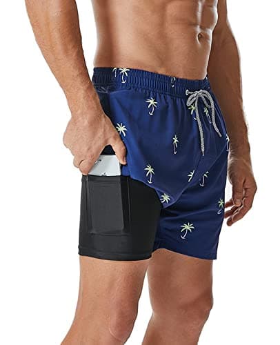 SILKWORLD Mens Swimming Trunks with Compression Liner Quick Dry 5 inch Swim Shorts with Zipper Pockets,Small Coconut Tree,XX-Large - Image 1