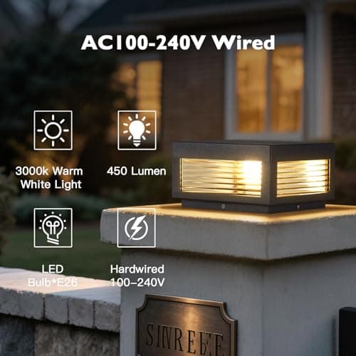PAKEDANDUN Outdoor Post Lights, 9.84" Hard Wired Column Pillar Light Waterproof Modern Lamp Posts AC100-240V LED Square Lantern for Fence Driveway Patio Garden Backyard - Thumbnail 4