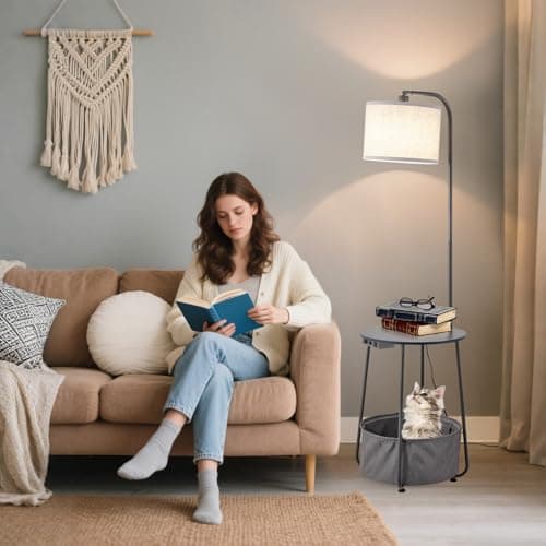 YJSQOEOE Floor Lamp with Cat Bed and Charging Station, Adjustable Lampshade, 3 Color Temperatures, Remote & Rocker Switch Control, Standing Lamp with USB & AC Outlets for Living Room Bedroom, Gray - Thumbnail 5
