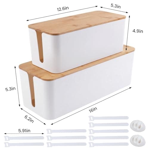 2 Pack Cable Management Box - Cord Organizer Box with Wooden Lid for TV Wires, Power Strips, Router, USB Hub & Under Desk Power: Baby & Pet Proof Cord Management, Cord Hider for Home & Office (White) - Thumbnail 3