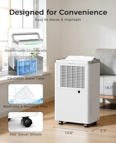 HOPSEN 34 Pints/Day Dehumidifier for Basement, 2500 Sq. Ft Dehumidifiers for Home with Drain Hose, 38dB Quiet Dehumidifier for Bedroom Bathroom, 24HR Timer, 3-Color Indicator, Auto Defrost, Child Lock - Thumbnail 6