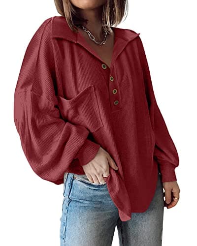 BTFBM Womens Fall Fashion 2026 Long Sleeve Shirts Casual V Neck Ribbed Knit Blouses Pullover Trendy Loose Fit Tunic Tops(Turndown Wine Red, Small) - Image 1