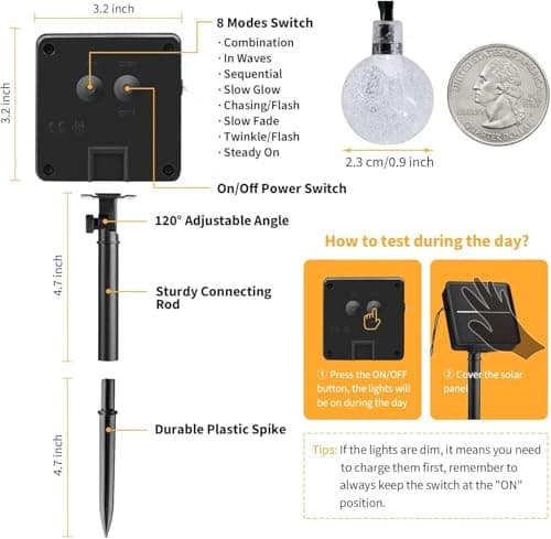 Solar String Lights, Small Crystal Ball Light，Outdoor String Light 60 LED 40ft 8 Lighting Modes Waterproof Solar Powered Patio Solar Light for Garden Yard Porch Wedding Party Decor (Pure White) - Thumbnail 3