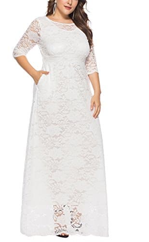 Eternatastic Womens Floral Lace 2/3 Sleeves Maxi Dress Evening Party Long Dress 6XL White - Thumbnail 5