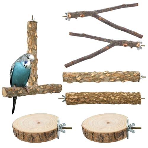 Bird Perch Stand, Pole Standing Natural Wood Bird Perch Set 7PCS Paw Grinding Fork Parrot Cage Branch with Rope Cage Accessories Toys for Parakeets, Cockatiels, Conure, Budgies (Brown 1) - Image 1