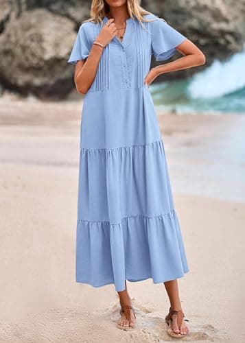 KIRUNDO Summer Maxi Dresses for Women 2026 Spring Fashion Short Sleeve Button V Neck Pleated Loose Tiered Swing Flowy Dress(Light Blue, XX-Large) - Thumbnail 4