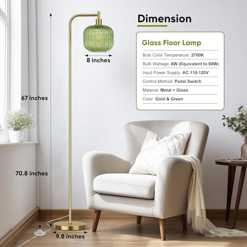 QiMH Glass Floor Lamp for Living Room, Modern Standing Lamp with Ribbed Glass Lampshade Pedal Switch, 67” Tall Lamp for Bedroom Study Room, Brushed Gold (2700K LED Bulb Included) - Thumbnail 4