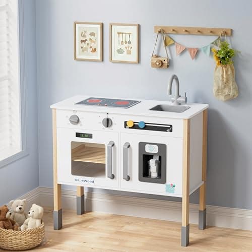 BlueWood Play Kitchen for Kids Toddlers - Wooden Chef Pretend Play Kitchen Set Toy Kitchen with 18 Pcs Toy Food & Cookware Accessories for Ages 3-7,Essential, White