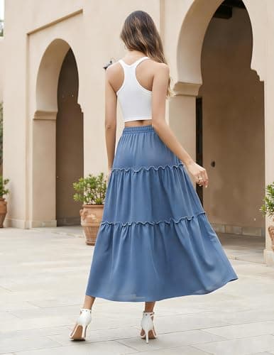 Aprolive Maxi Skirt for Women Elastic High Waist Floral Western Tiered Skirts Flowy Solid Smocked Midi Skirt Ruffle Beach Dresses (1-Gray Blue,Medium) - Thumbnail 3