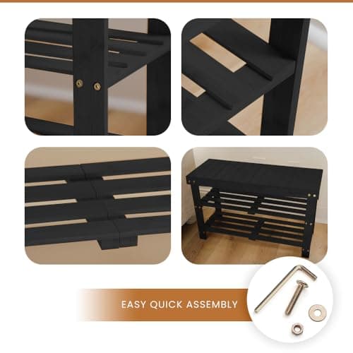 Leaf & Grain Bamboo Shoe Rack - Shoe Storage Bench for Front Door Entrance – Entryway Bench with Shoe Shelf, Shoe Storage Organizer, Wooden Shoe Rack, Durable Shoe Bench for Home (Black) - Thumbnail 5