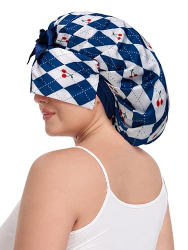 Vettres Pleated Silk Sleeping Bonnet with Eye Mask Double Layer Satin Hair Bonnets Sleep Cap for Curly Natural Hair Blue White Cherry - Thumbnail 6