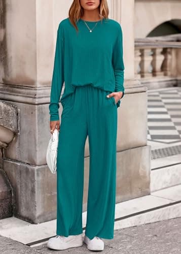 KIRUNDO Spring 2 Piece Lounge Sets for Women Long Sleeve Ribbed Knit Tops Wide Leg Pants Matching Travel Outfits Postpartum(Lake Blue, Small) - Thumbnail 6