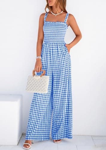 PRETTYGARDEN One Piece Jumpsuits for Women Casual Summer Cruise Outfits 2026 Spring Fashion Smocked Wide Leg Gingham Rompers (Blue,XX-Large) - Thumbnail 5