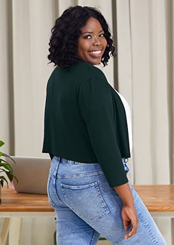 AusLook Plus Size Bolero Christmas Shrugs for Dresses Women Lightweight 3/4 Sleeve Deep Forest 4X Knit Cropped Cardigan Sweaters Open Front Coat Summer Top For Evening dresses - Thumbnail 4