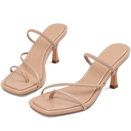 COMFITORIA Kitten Heel Sandals for Women Square Open Toe Flip Flop Heels Sandals Strappy 3 Inch Thong Low Heels Summer Fashion Beach Vacation Dress Shoes,Nude,Size 7.5 - Thumbnail 5
