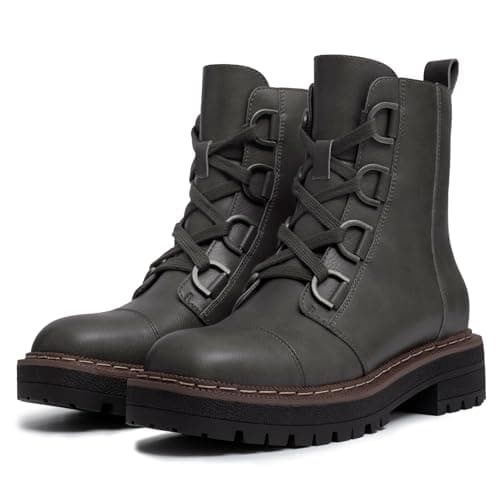 Athlefit Women's Combat Ankle Boots Platform Chunky Low Heel Boots Fashion Lug Sole Lace Up Grey Booties Size 8 - Thumbnail 4