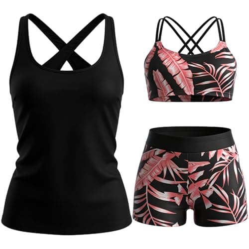 Bolsamila Women's 3 Piece Tankini Swimsuit Set Athletic Tank Top with Sports Bra Shorts Tummy Control Floral Print (US, Alpha, X-Large, Regular, Regular, Black) - Image 1