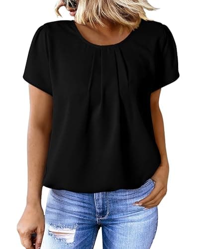 PRETTYGARDEN Women's Tops 2026 Casual Summer Round Neck Short Sleeve Basic Pleated Loose Fit Blouses Plain Tunic Shirts(Black,Small) - Thumbnail 2