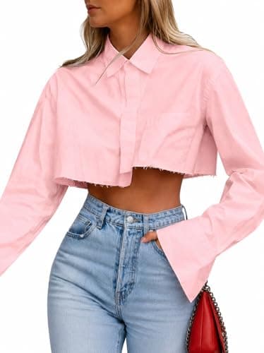 Asymmetrical Button Up Tops for Women Casual Long Sleeve Collared Shirts Top Pink XL - Thumbnail 2