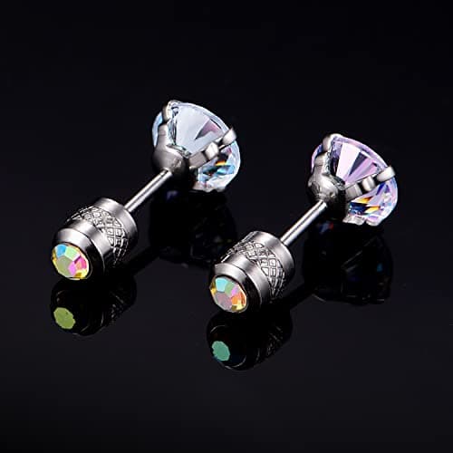 Titanium Screw Back Earrings Surgical Stainless Steel Aurora Borealis Cubic Zirconia Rainbow Fake Diamond Flat Back Stud 316L Hypoallergenic for Sensitive Ear for Women Men Teen CZ Twist Piercing Post - Thumbnail 5