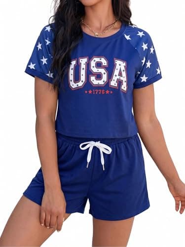SFHFY 4th of July 2 Piece Outfit Women USA Shirt and Shorts Sets American Flag Shirts Crop Patriotic Set with Pockets - Image 1