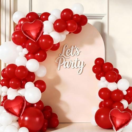 Red White Balloon Garland Arch Kit, 156Pcs White Red Latex Balloons with Heart Foil Balloons for Valentine’s Day Wedding Engagement Christmas Birthday Party Decoration - Image 1