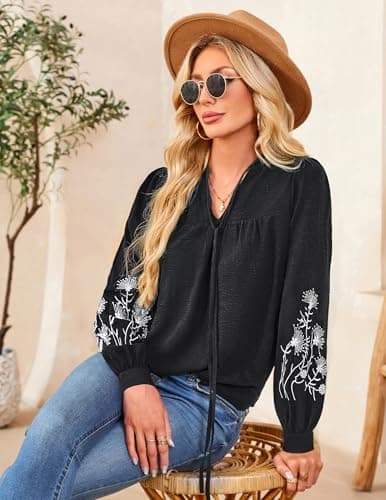 LOOKBOHO Womens Dressy Casual Boho Tops Embroidered V Neck Trendy Puff Long Sleeve Peplum Blouses Black XL - Thumbnail 4