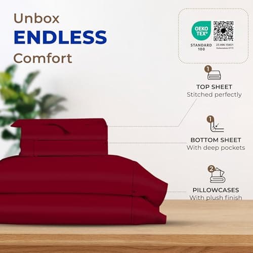 THREAD SPREAD Egyptian Cotton Sheets King Size - 600 Series Bliss Collection Sheets King Luxury Sheet King Size (4 PC, Burgundy), 16" Deep Pocket, Soft, Cooling Sateen Hotel Bed Sheet Sets - Thumbnail 3