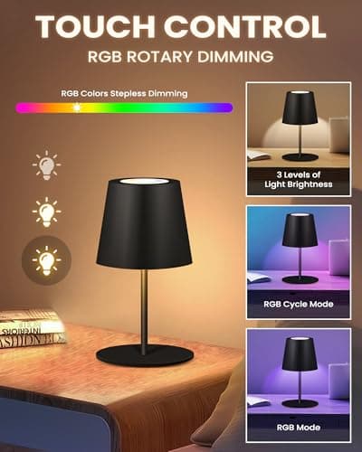 JCHPZR 2 Pack Cordless RGB Table Lamp,Wireless Bottle Lamp,3 Level Dimming & RGB Cycle LED Portable Desk lamp,5000mAh Rechargeable Battery,Waterproof Outdoor,for Bedroom/Bars/Camping(Black) - Thumbnail 3
