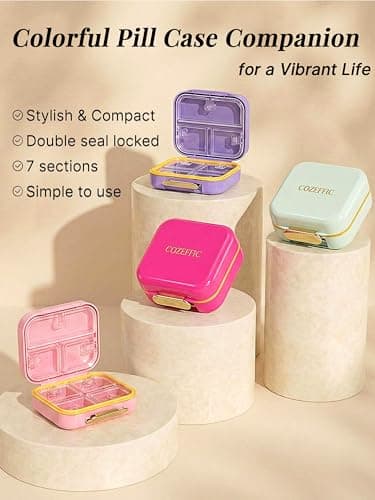 Small Pill Case Travel Pill Box with 7 Compartments for Purse - Compact Pill Organizer for Medicine Vitamin - Portable Container for Fish Oil & Supplements - Soft Pink - Thumbnail 6
