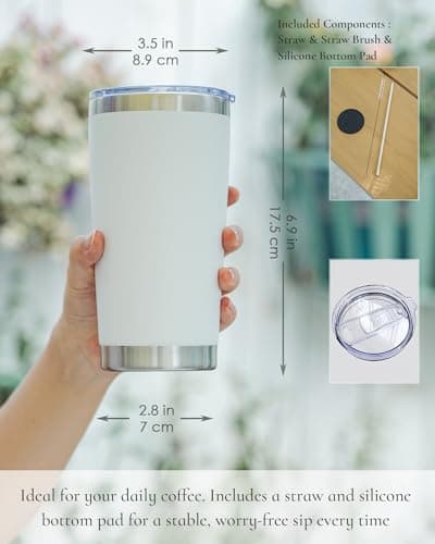 UIRZOTN Travel Coffee Tumbler 20oz, 8 Pack Leakproof Travel Coffee Mug with Lid and Straw, Stainless Steel Double Wall Vacuum Insulated Tumbler for Hot/Iced Drinks (Textured Matte, White) - Thumbnail 2