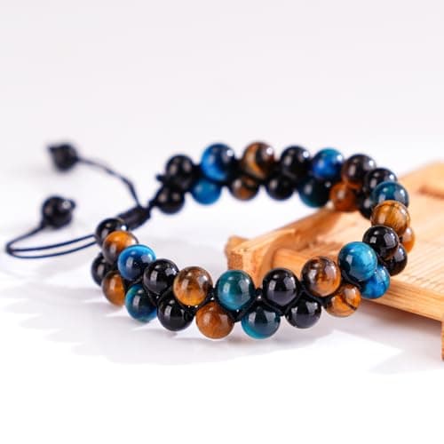 PAKUNDAS Handmade Triple Protection Bracelet,Bracelets for Men Women Natural Tiger Eye Jewelry Stone Hematite and Obsidian 8mm Crystal Bracelet - Adjustable Size with Premium Gift-Box - Thumbnail 5