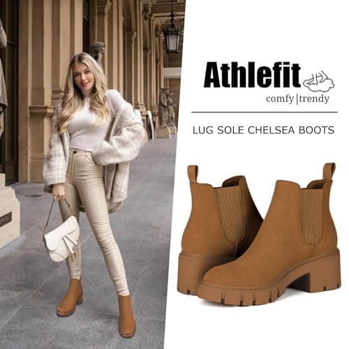 Athlefit Women's Chelsea Boots Fashion Lug Sole Chunky Heel Slip on Elastic Ankle Booties Brown Suede Size 10 - Thumbnail 2