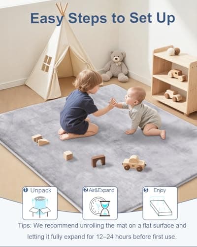 SEPARO Large Thick Baby Play Mat for Floor,Padded 79x118 Foam Mat,Tummy Time Mats,Soft Support&Plush Feel Nursery Rug,Non Slip for Toddler,Infants,Kids Play,Yoga,Baby Crawling Mats (Light Grey) - Thumbnail 4