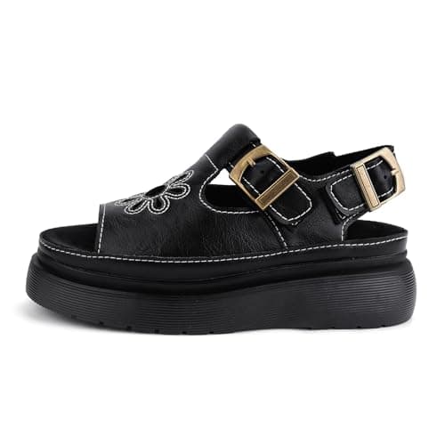 QIV Black Flower Platform Sandals for Women – Open Round Toe T-Strap with Adjustable Buckle – Summer Comfort Walking Shoes in Fisherman Style Size 6.5 - Thumbnail 5