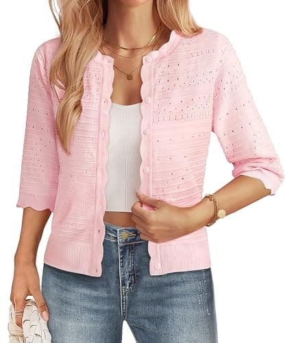 GRACE KARIN Womens Pink Cardigan Sweater, Short Sleeve Lightweight Summer Cardigan Trendy, Dressy Casual Crochet Bolero Shrugs - Image 1
